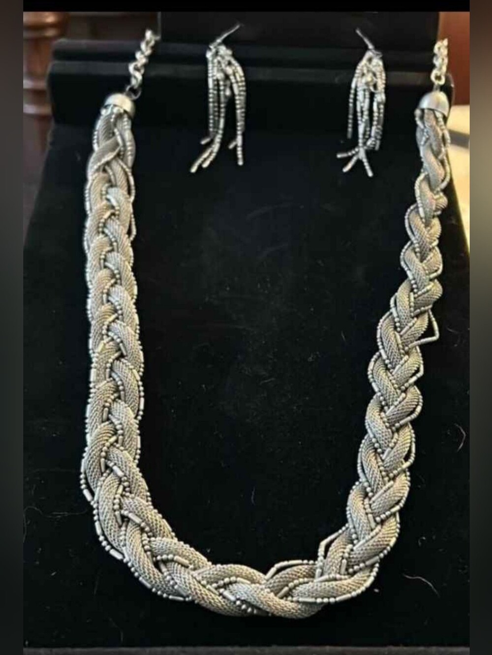 Bijoux Terner Silver Tone Braided Necklace Tassel Earrings Set